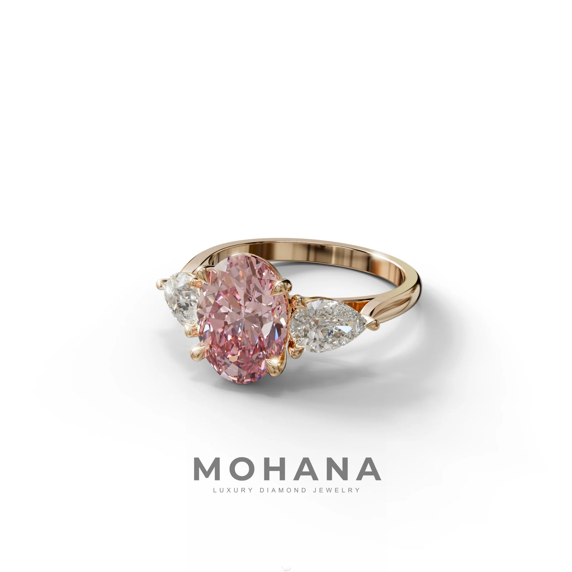 3 Carat Fancy Pink Oval & Pear Cut Three Stone Lab Diamond Ring – 10K 14K 18K Gold