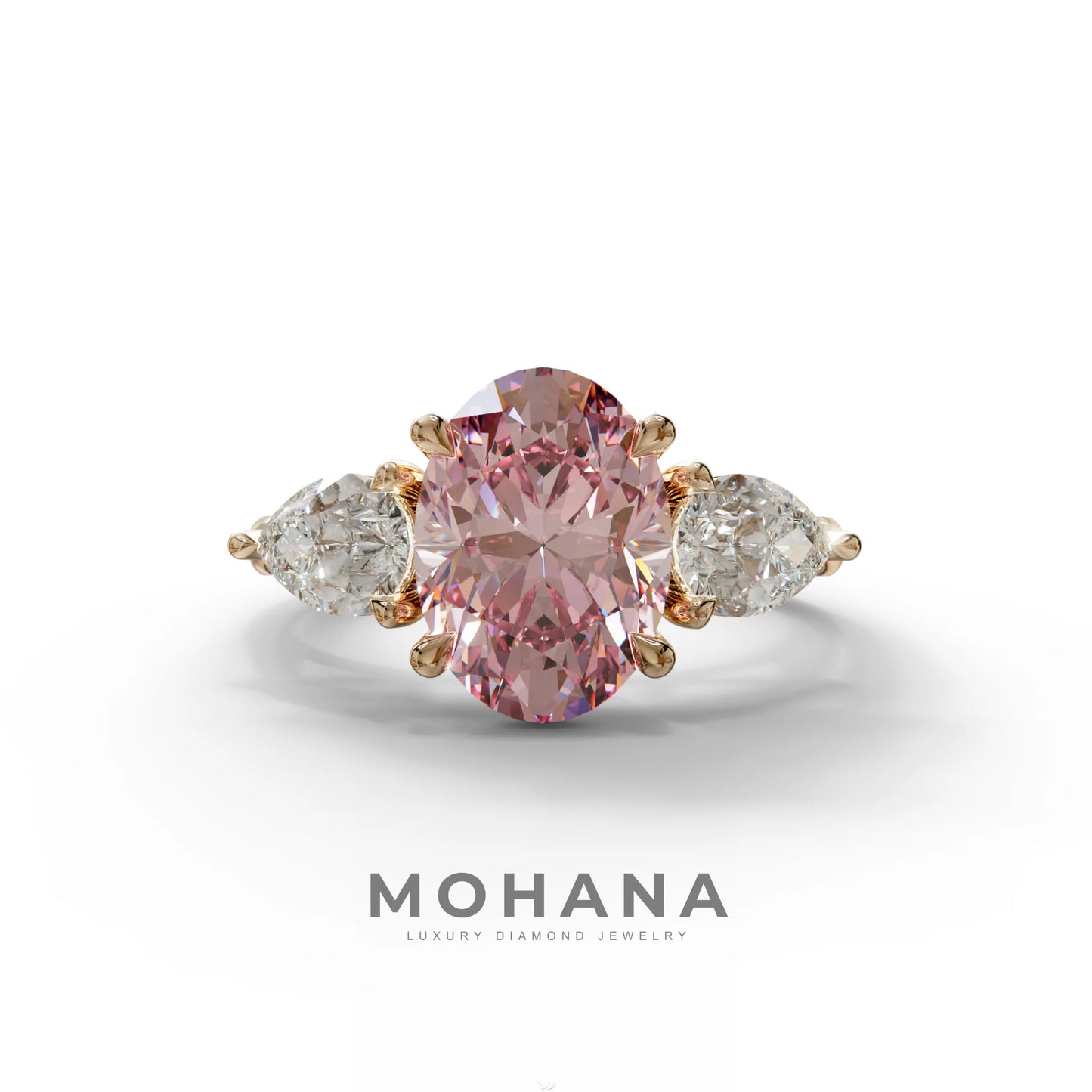 3 Carat Fancy Pink Oval & Pear Cut Three Stone Lab Diamond Ring – 10K 14K 18K Gold - 10K Solid Gold / Rose Gold