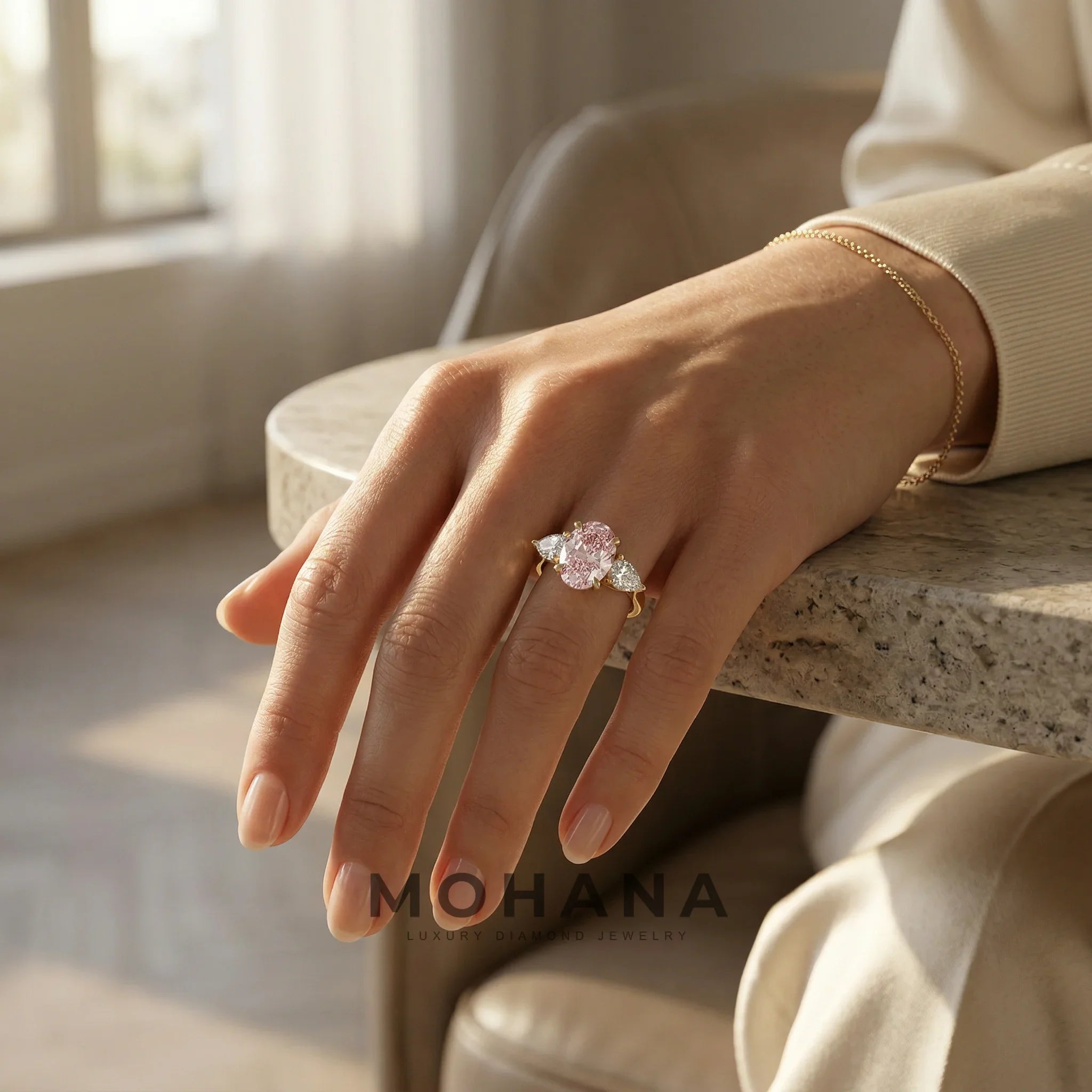 3 Carat Fancy Pink Oval & Pear Cut Three Stone Lab Diamond Ring – 10K 14K 18K Gold