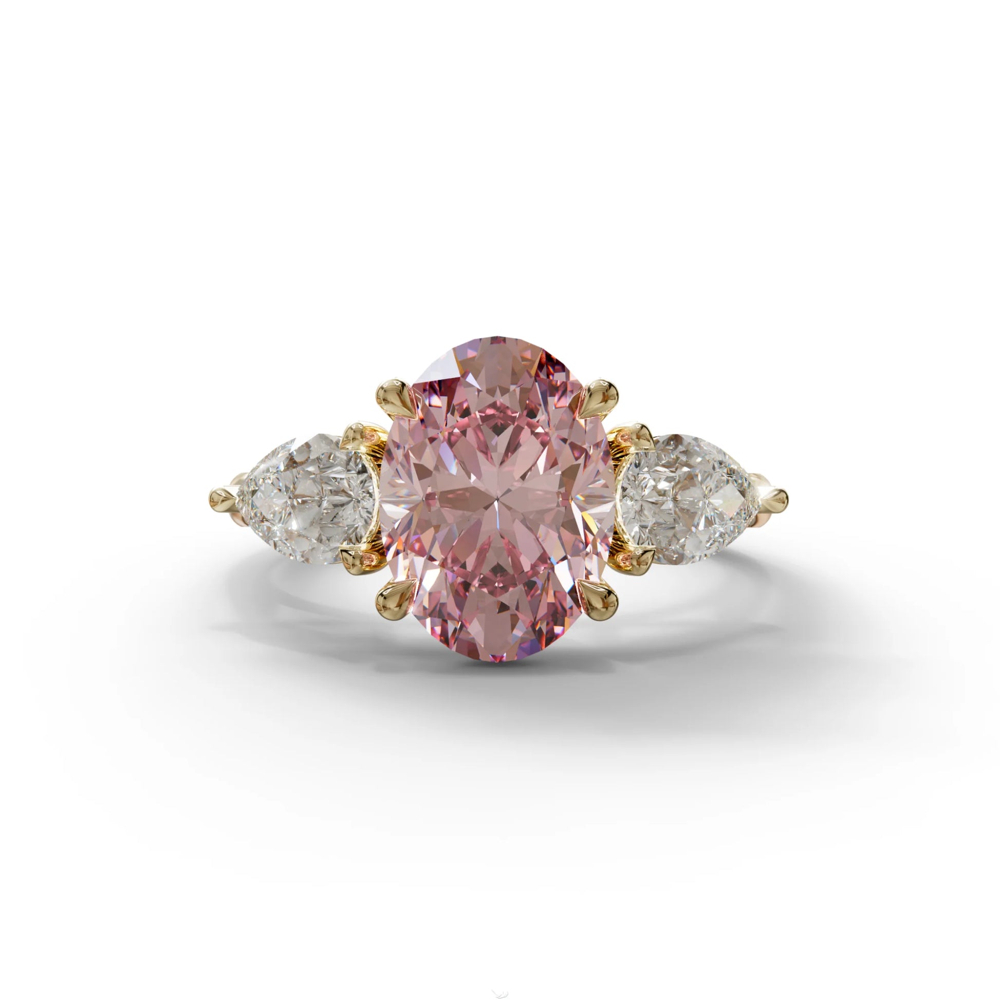 3 Carat Fancy Pink Oval & Pear Cut Three Stone Lab Diamond Ring – 10K 14K 18K Gold - 10K Solid Gold / Yellow Gold