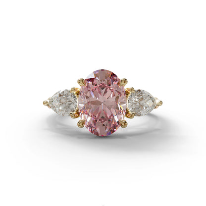 3 Carat Fancy Pink Oval & Pear Cut Three Stone Lab Diamond Ring – 10K 14K 18K Gold - 10K Solid Gold / Yellow Gold