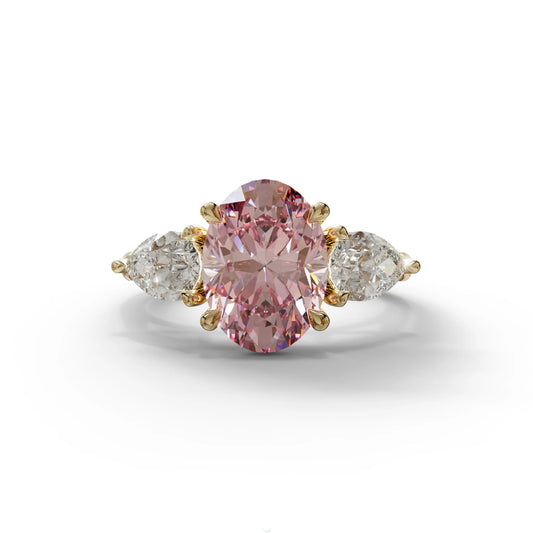 3 Carat Fancy Pink Oval & Pear Cut Three Stone Lab Diamond Ring – 10K 14K 18K Gold - 10K Solid Gold / Yellow Gold