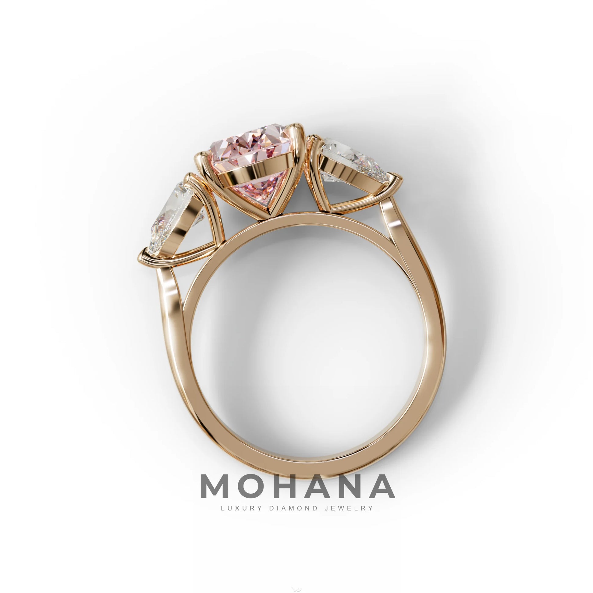 3 Carat Fancy Pink Oval & Pear Cut Three Stone Lab Diamond Ring – 10K 14K 18K Gold