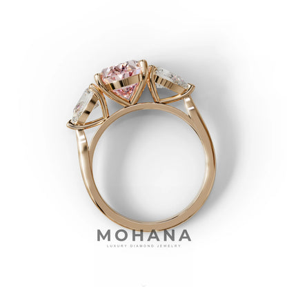 3 Carat Fancy Pink Oval & Pear Cut Three Stone Lab Diamond Ring – 10K 14K 18K Gold