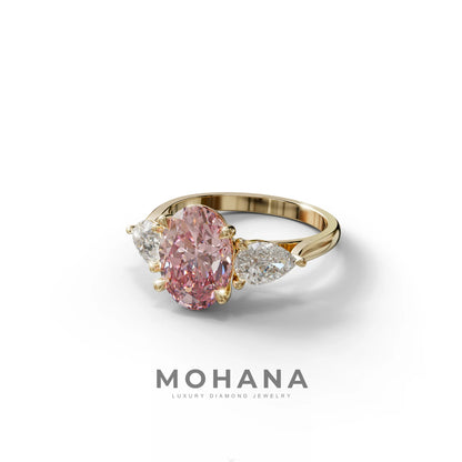 3 Carat Fancy Pink Oval & Pear Cut Three Stone Lab Diamond Ring – 10K 14K 18K Gold