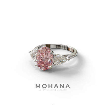 3 Carat Fancy Pink Oval & Pear Cut Three Stone Lab Diamond Ring – 10K 14K 18K Gold