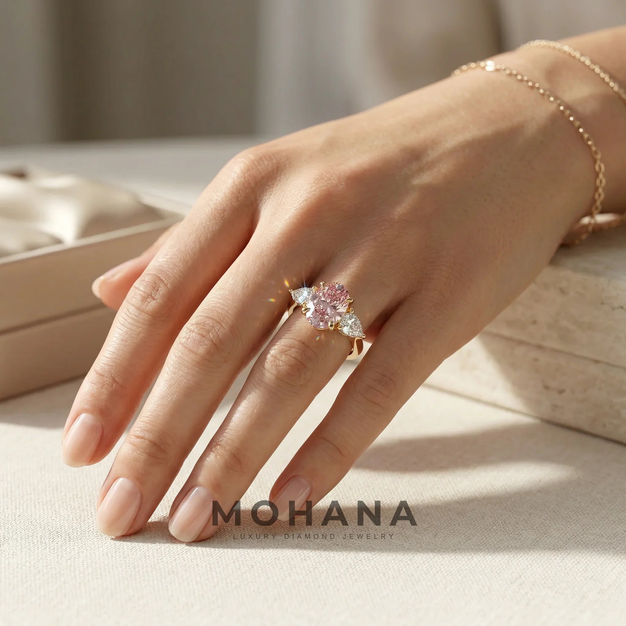 3 Carat Fancy Pink Oval & Pear Cut Three Stone Lab Diamond Ring – 10K 14K 18K Gold