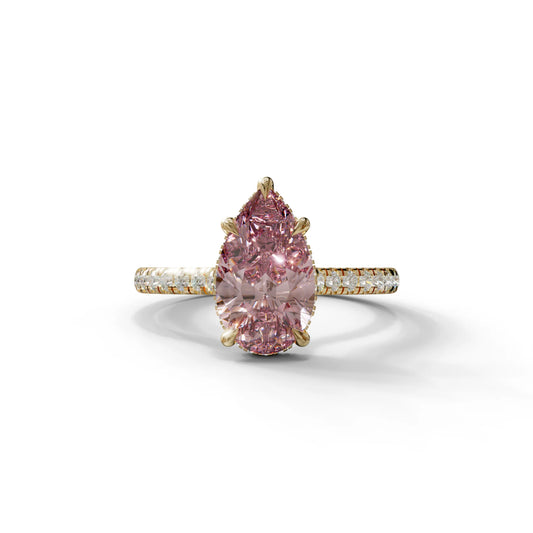 3 Carat Pink Pear Cut Hidden Halo & Pave Set Lab Diamond Ring - Eblouissant - 10K Solid Gold / Yellow Gold