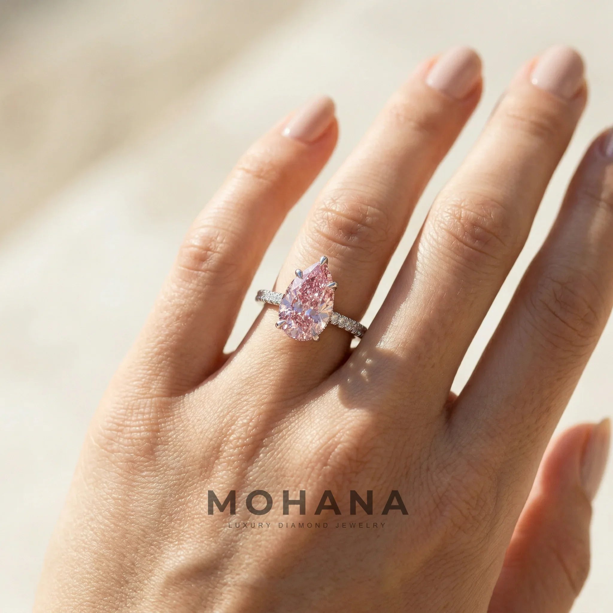 3 Carat Fancy Pink Pear Cut Hidden Halo Lab Grown Diamond Engagement Ring