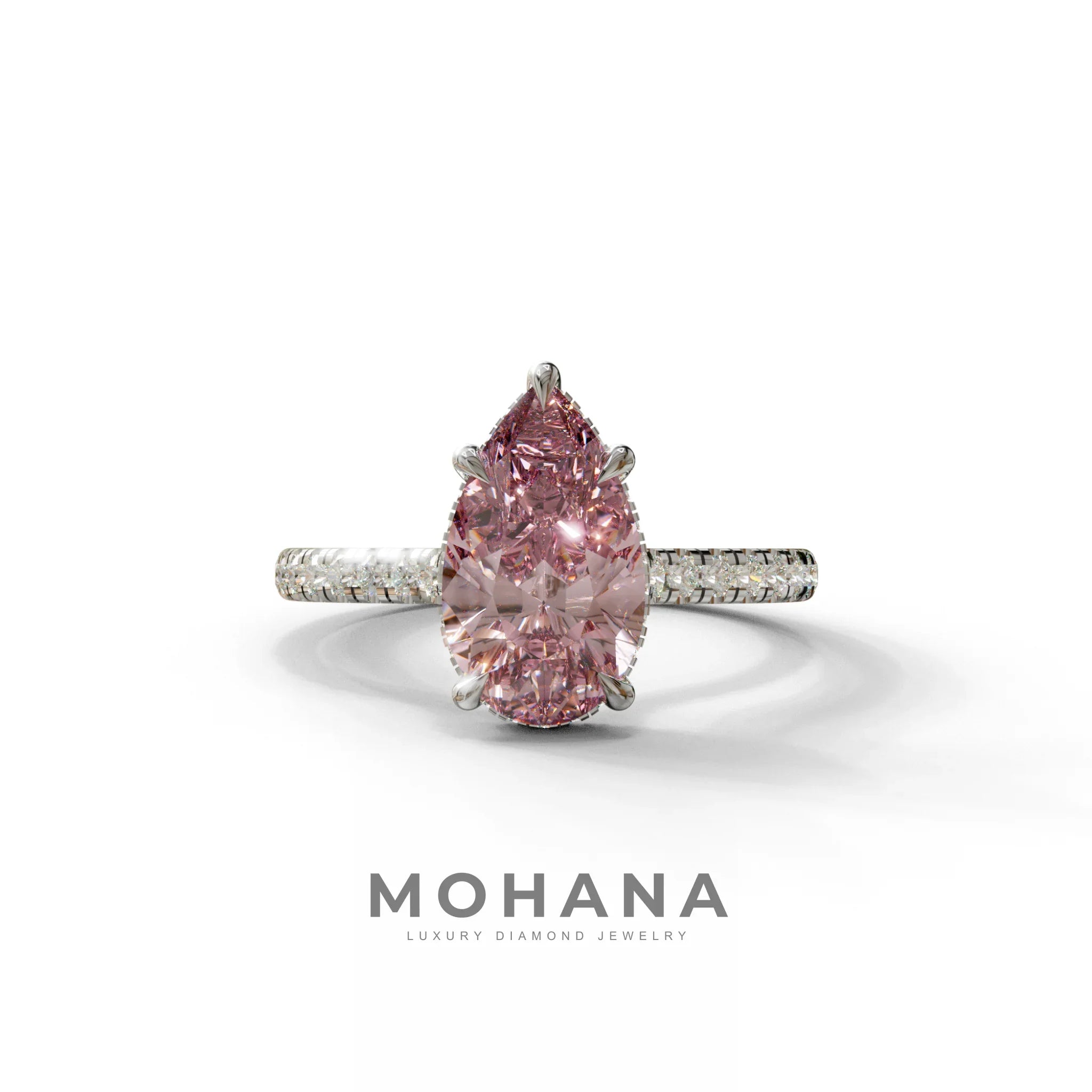 3 Carat Pink Pear Cut Hidden Halo & Pave Set Lab Diamond Ring - Eblouissant - 10K Solid Gold / White Gold