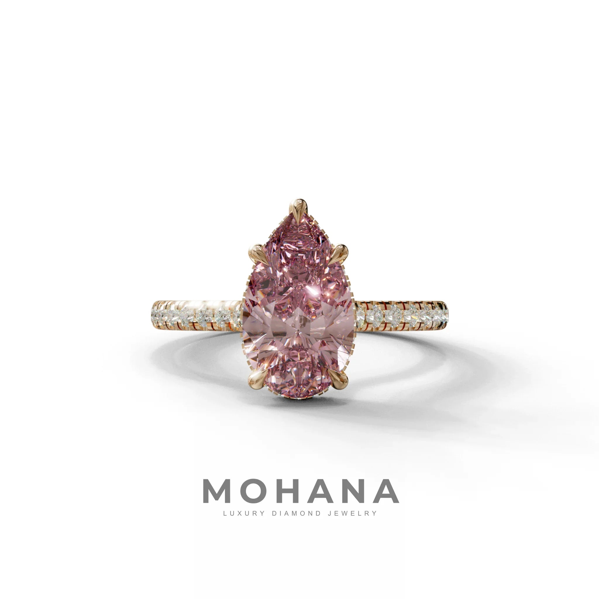 3 Carat Pink Pear Cut Hidden Halo & Pave Set Lab Diamond Ring - Eblouissant - 10K Solid Gold / Rose Gold