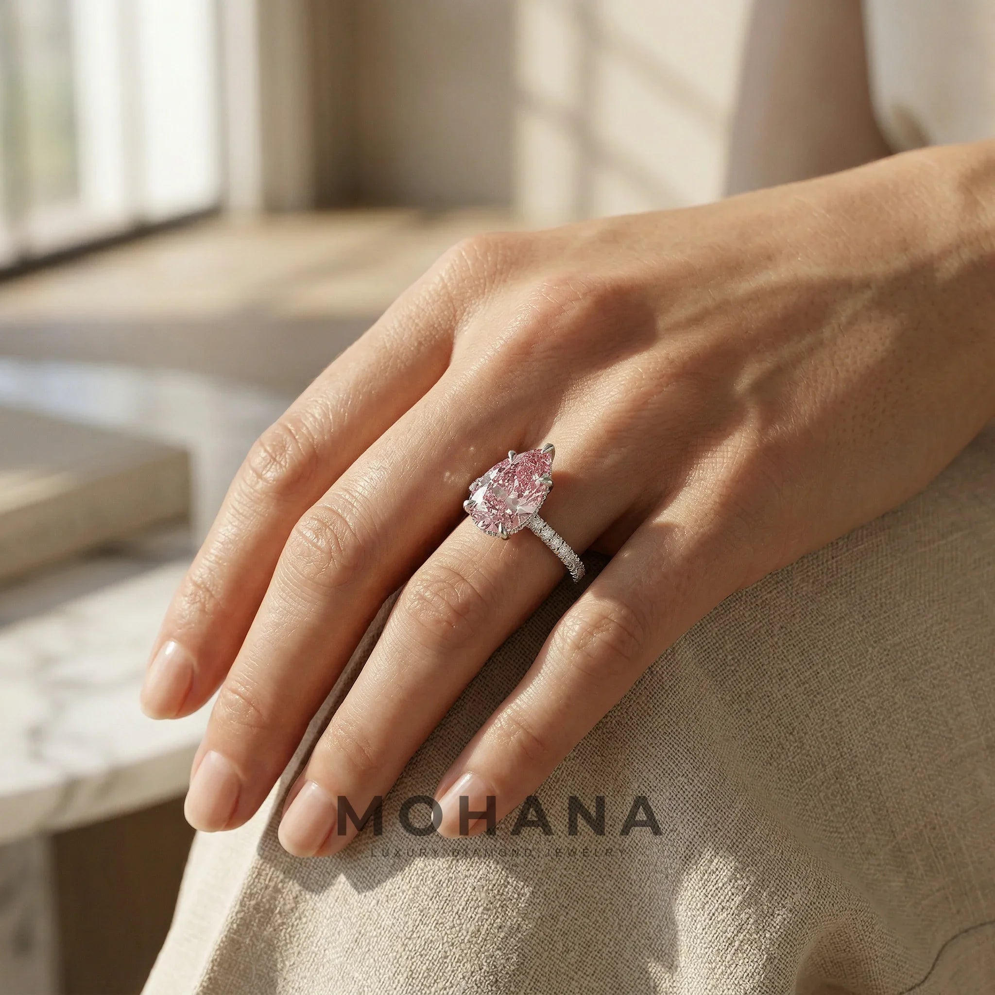 3 Carat Fancy Pink Pear Cut Hidden Halo Lab Grown Diamond Engagement Ring