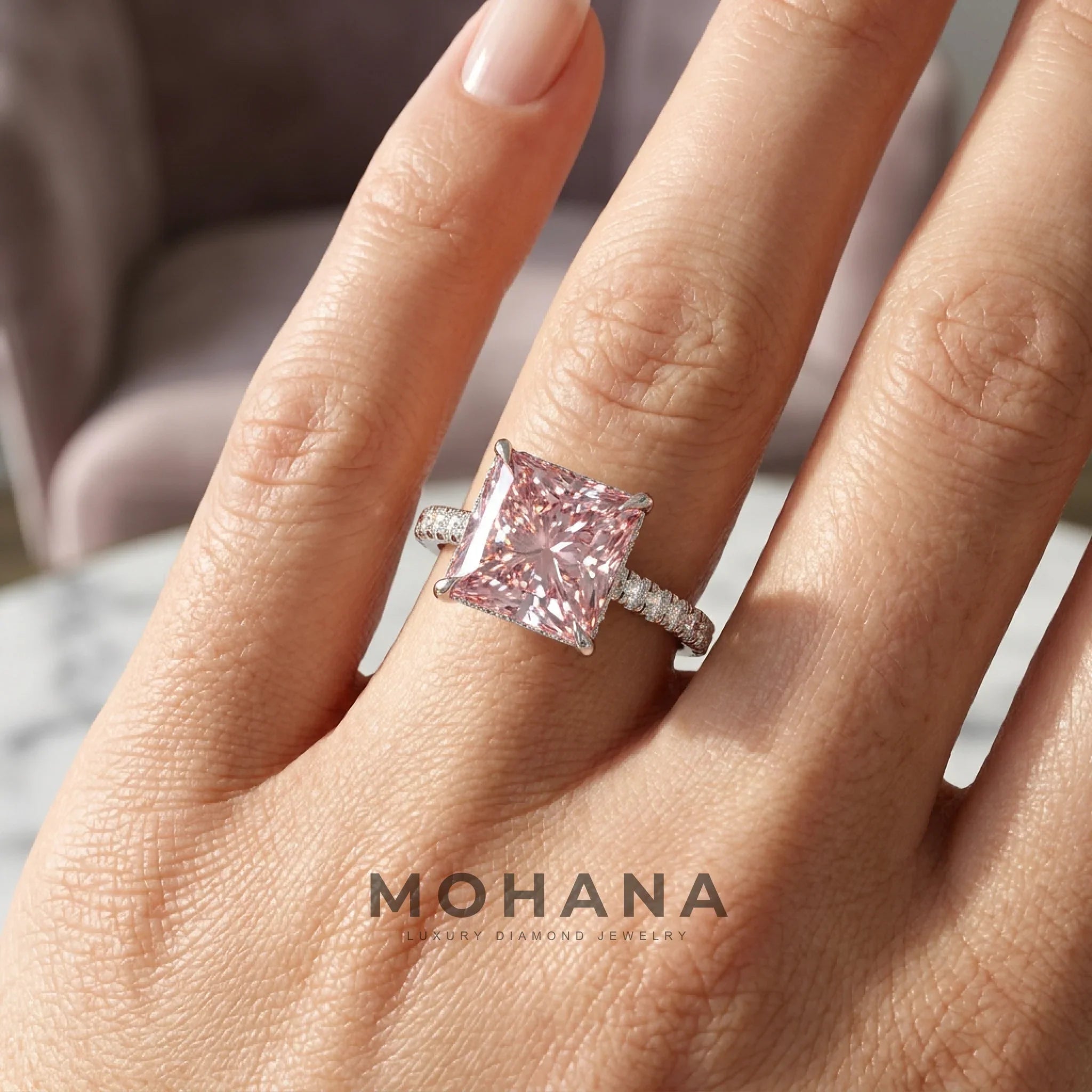 3 Carat Fancy Pink Princess Cut Hidden Halo Lab Grown Diamond Engagement Ring
