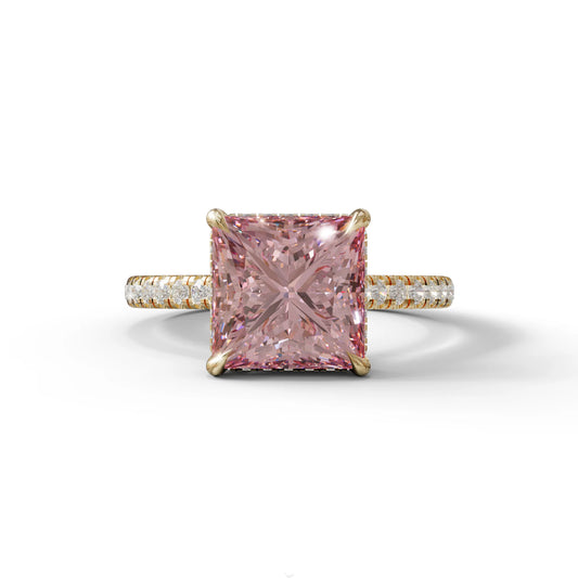 3 Carat Fancy Pink Princess Cut Hidden Halo Lab Grown Diamond Engagement Ring - 10K Solid Gold / Yellow Gold