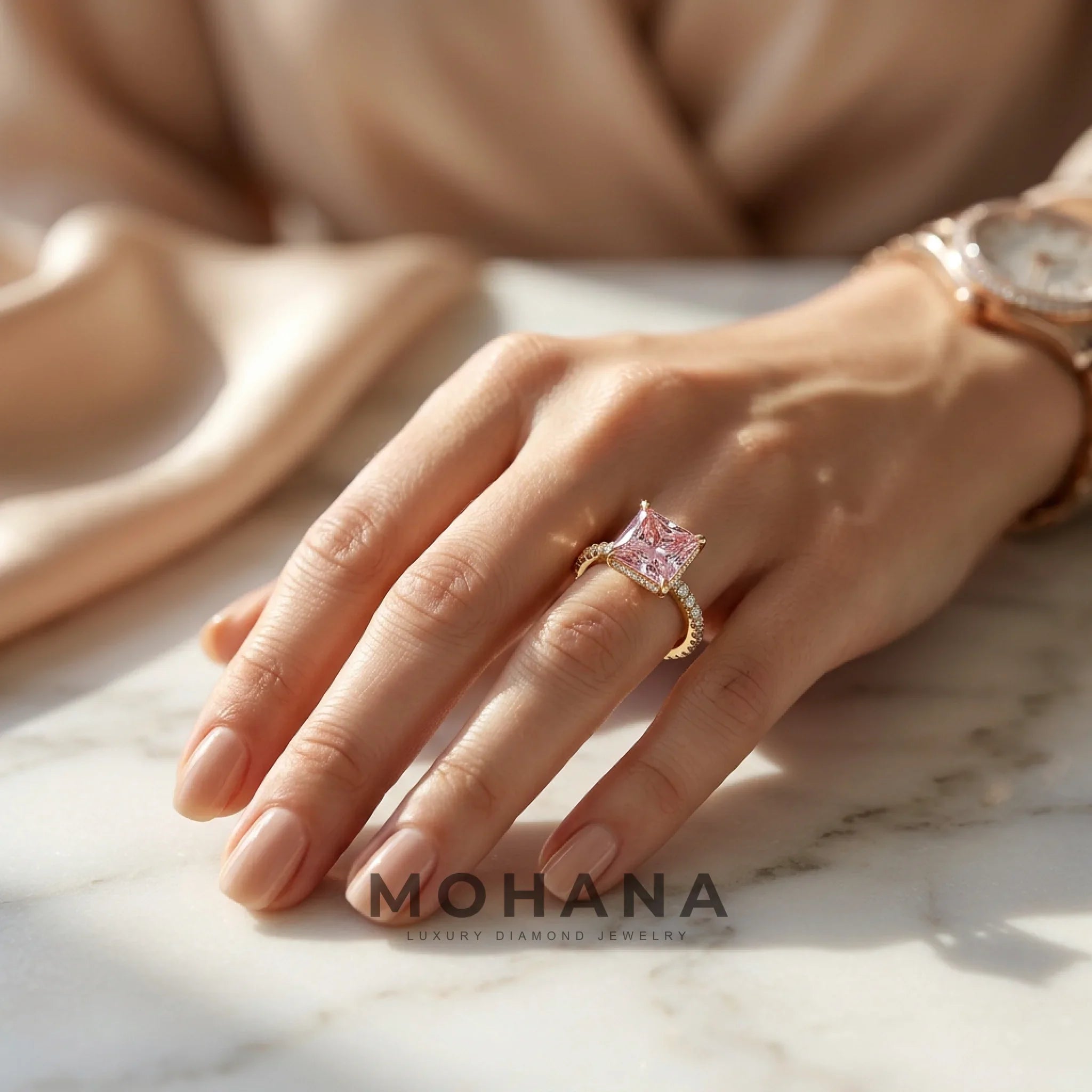 3 Carat Fancy Pink Princess Cut Hidden Halo Lab Grown Diamond Engagement Ring