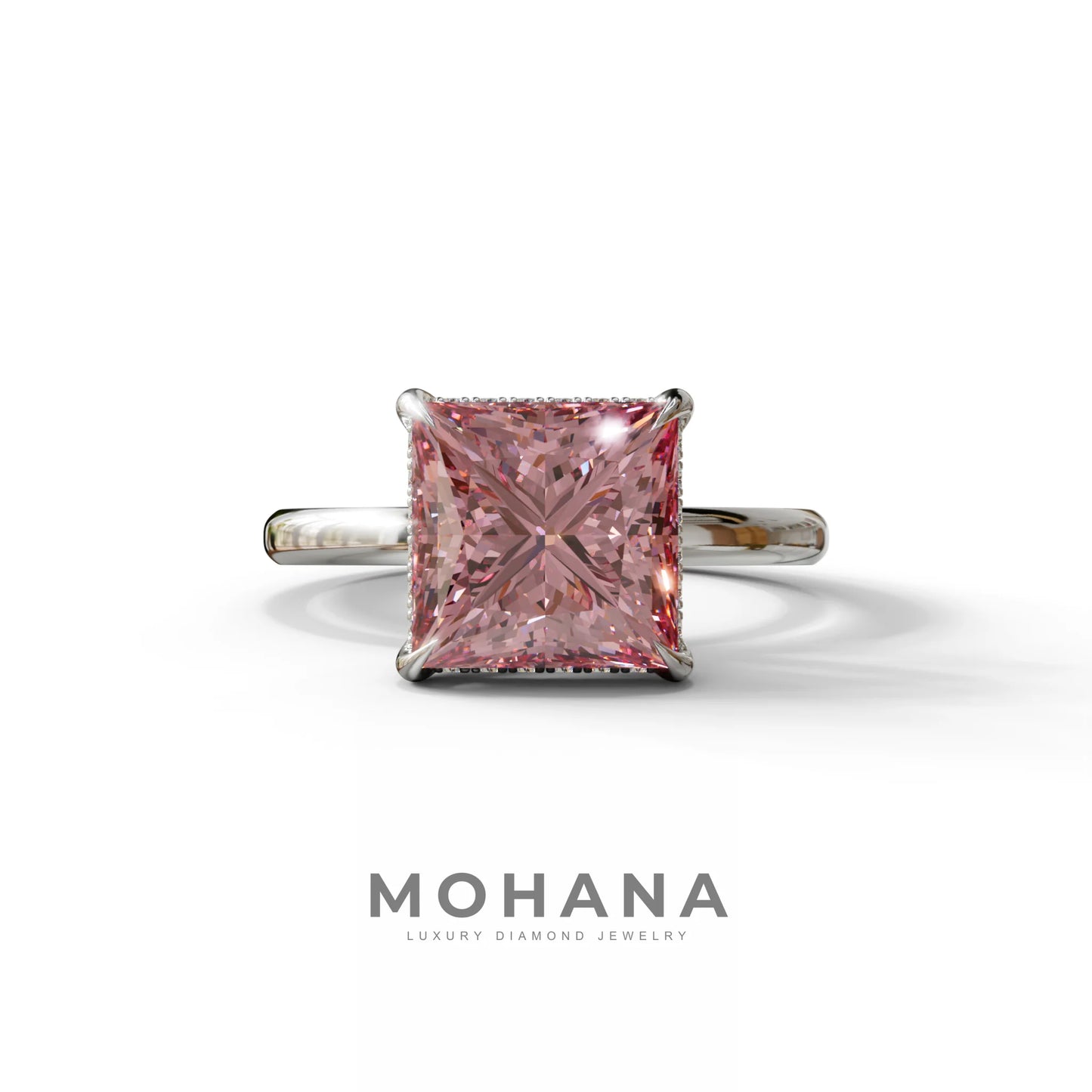 3 Carat Princess Cut Pink Lab Diamond Hidden Halo Engagement Ring - 10K Solid Gold / White Gold