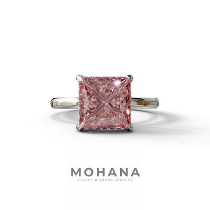 3 Carat Princess Cut Pink Lab Diamond Hidden Halo Engagement Ring - 10K Solid Gold / White Gold