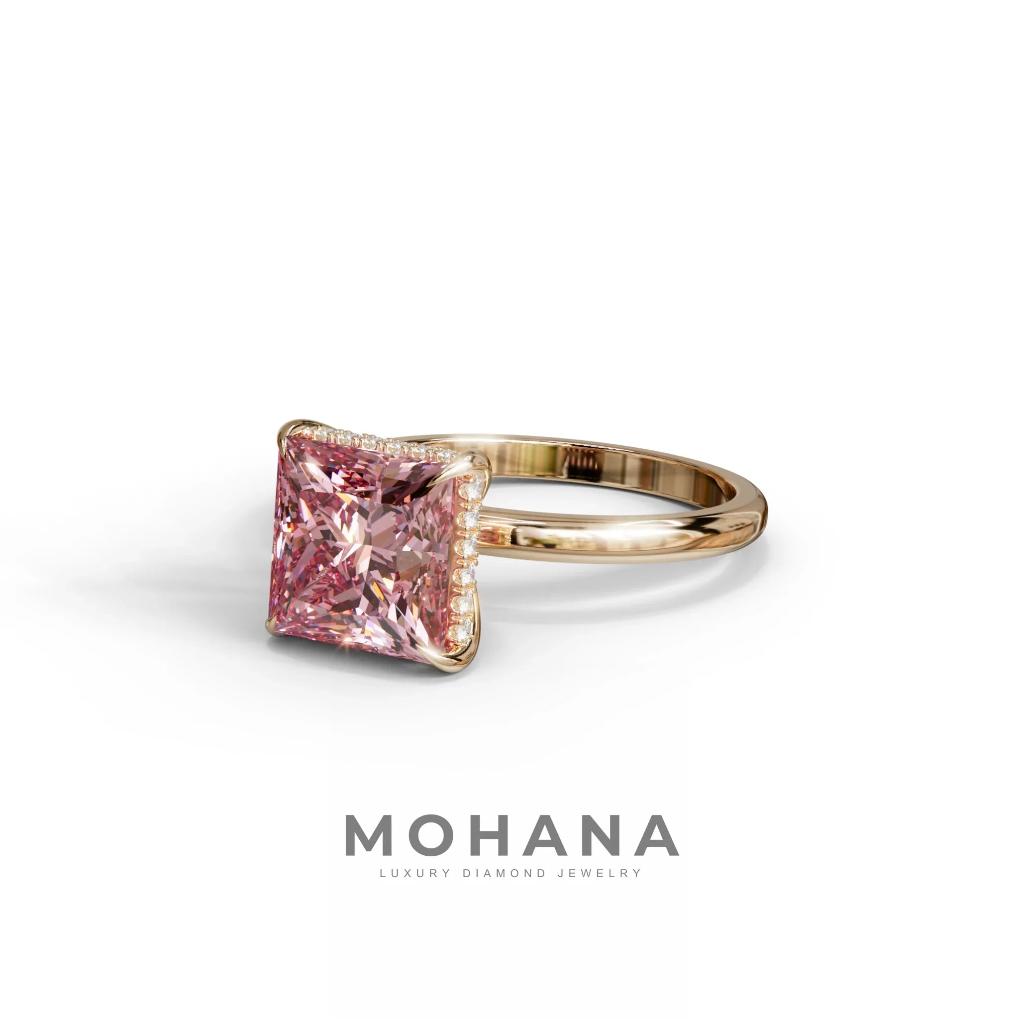 3 Carat Princess Cut Pink Lab Diamond Hidden Halo Engagement Ring