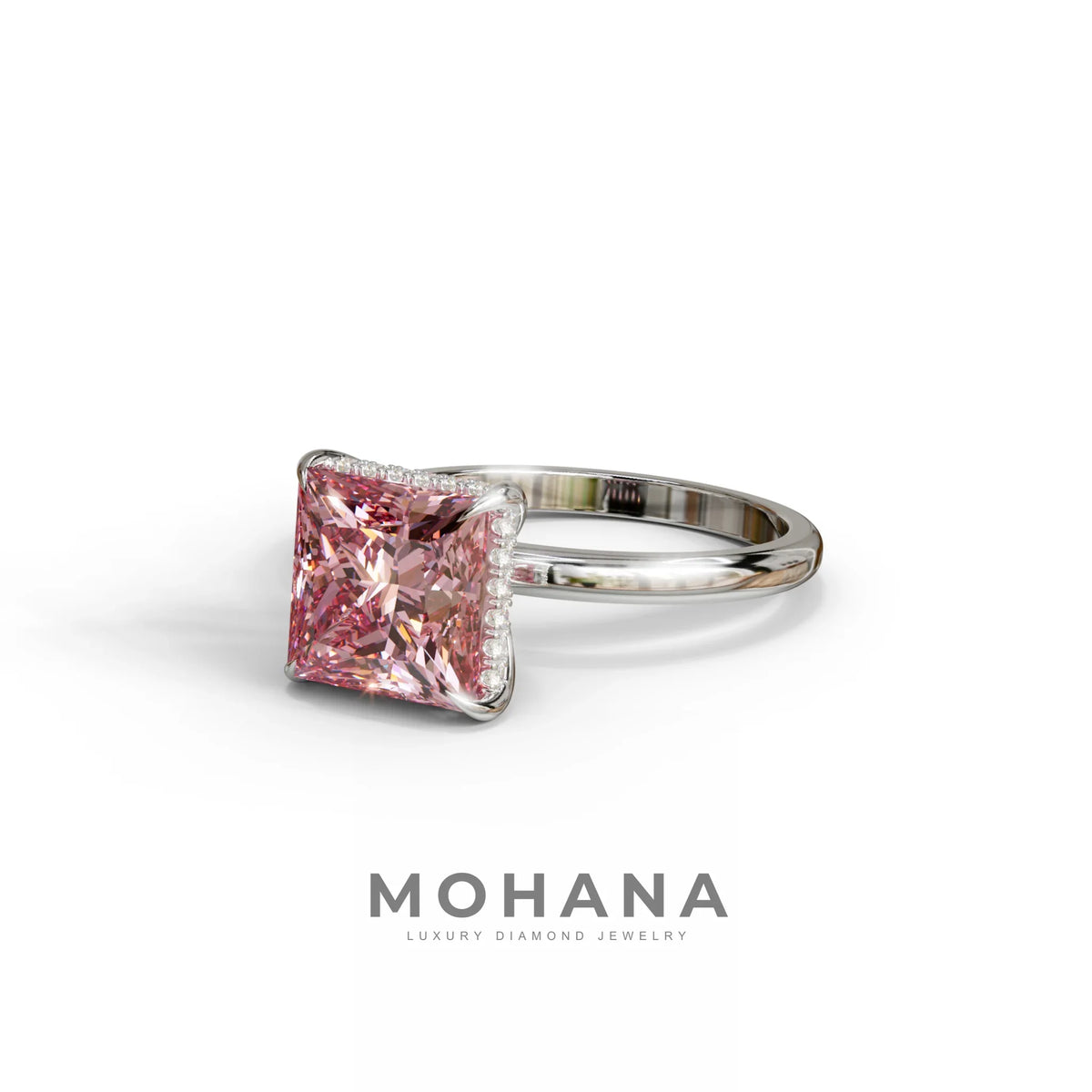 3 Carat Princess Cut Pink Lab Diamond Hidden Halo Engagement Ring