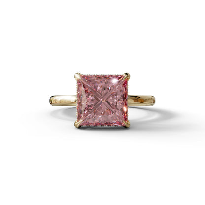 3 Carat Princess Cut Pink Lab Diamond Hidden Halo Engagement Ring - 10K Solid Gold / Yellow Gold