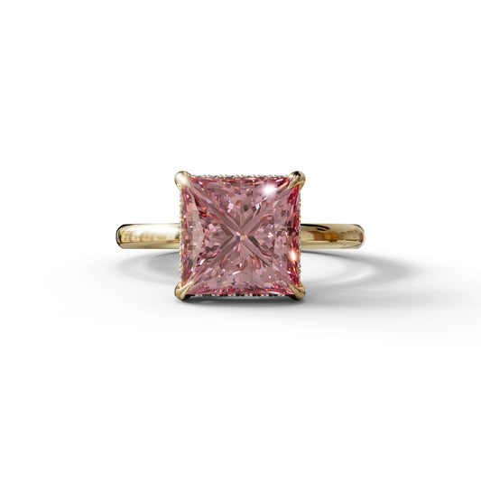 3 Carat Princess Cut Pink Lab Diamond Hidden Halo Engagement Ring - 10K Solid Gold / Yellow Gold