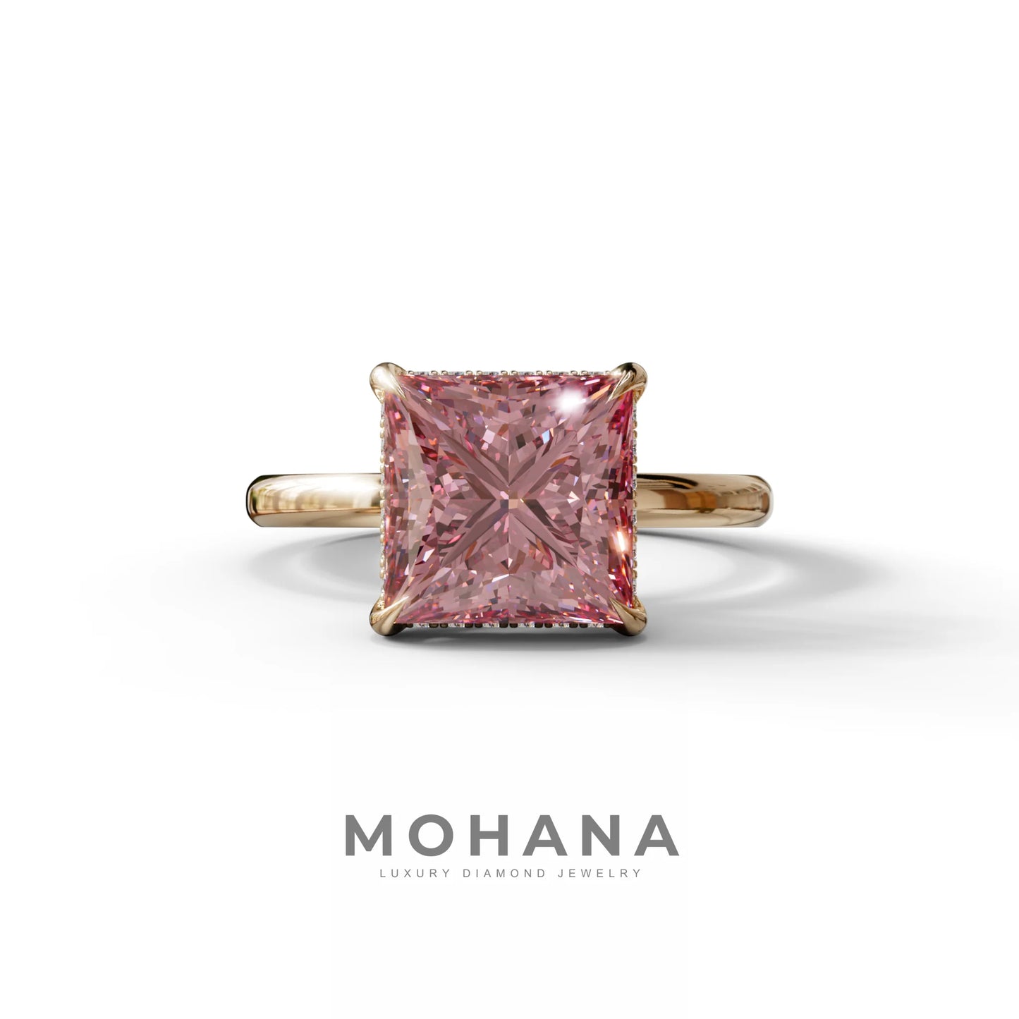 3 Carat Princess Cut Pink Lab Diamond Hidden Halo Engagement Ring - 10K Solid Gold / Rose Gold