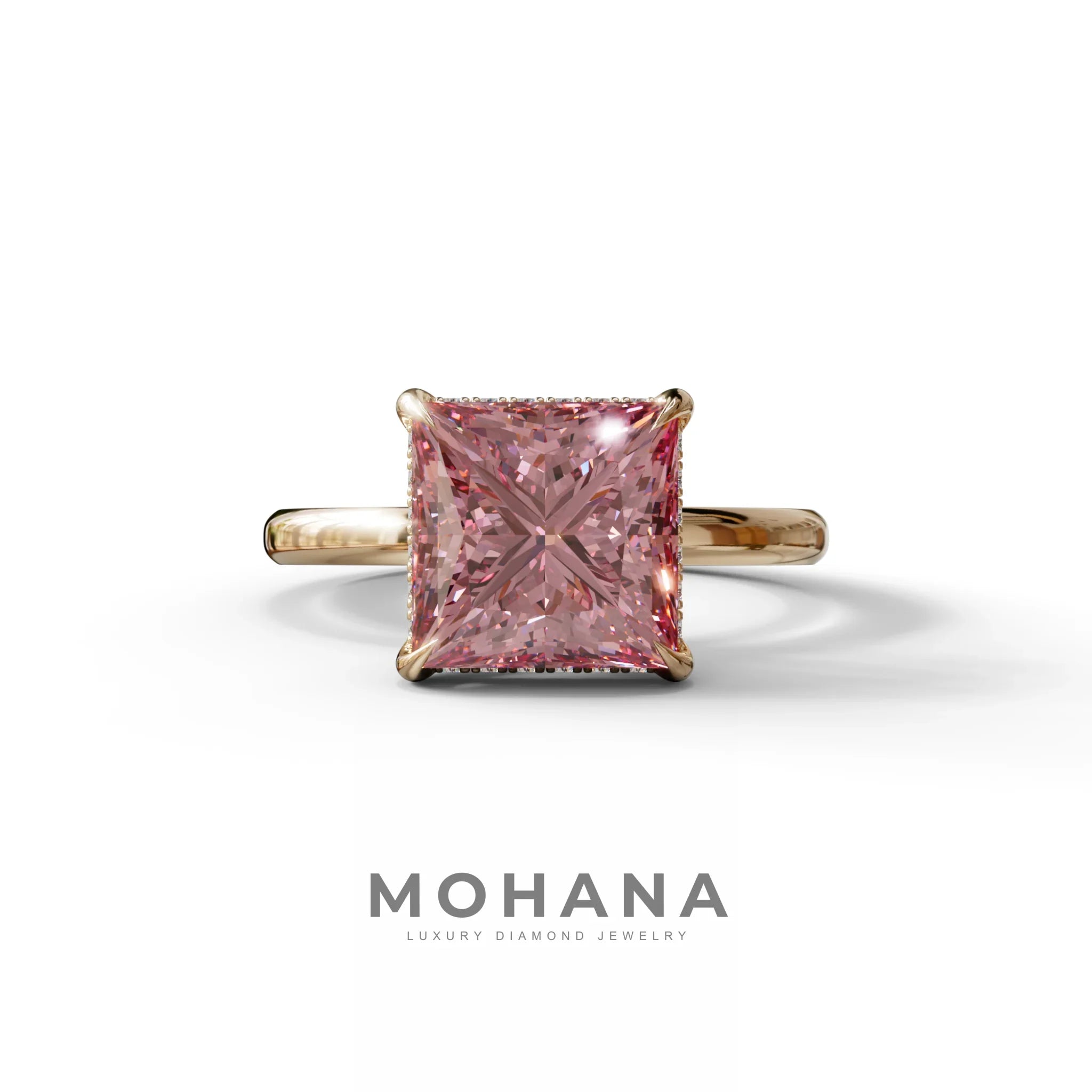 3 Carat Princess Cut Pink Lab Diamond Hidden Halo Engagement Ring - 10K Solid Gold / Rose Gold