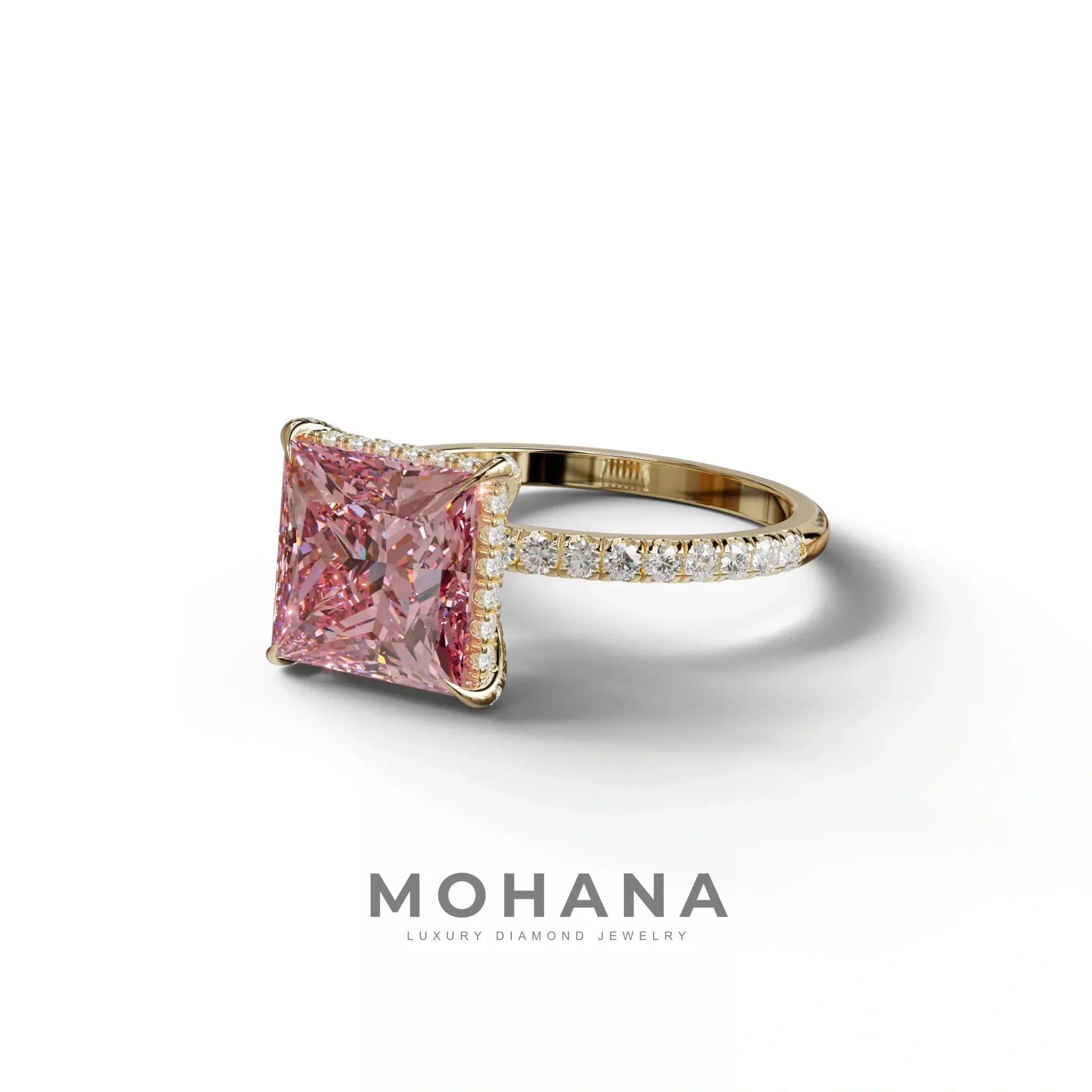3 Carat Pink Princess Cut Hidden Halo & Pave Lab Diamond Ring