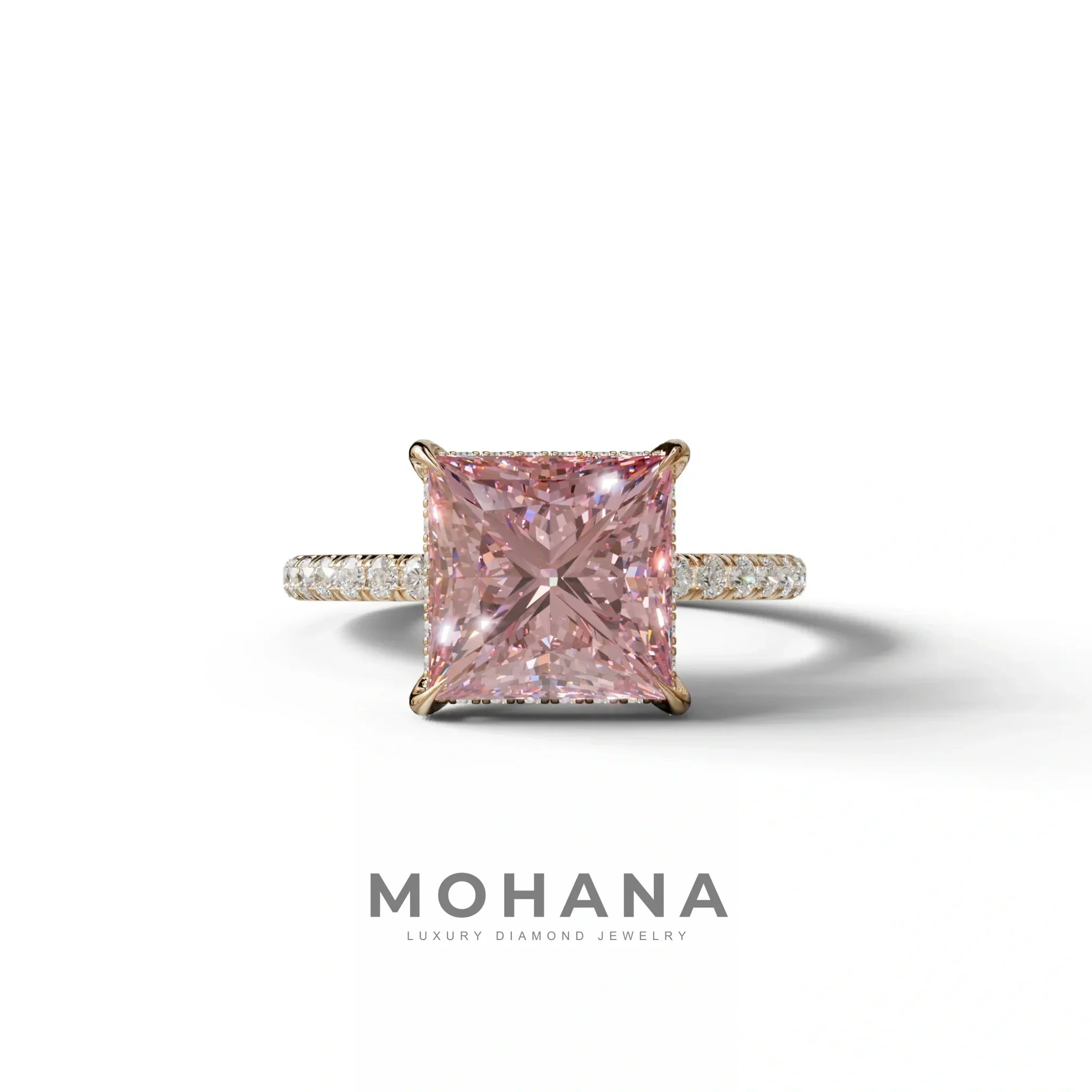 3 Carat Pink Princess Cut Hidden Halo & Pave Lab Diamond Ring - 10K Solid Gold / Rose Gold