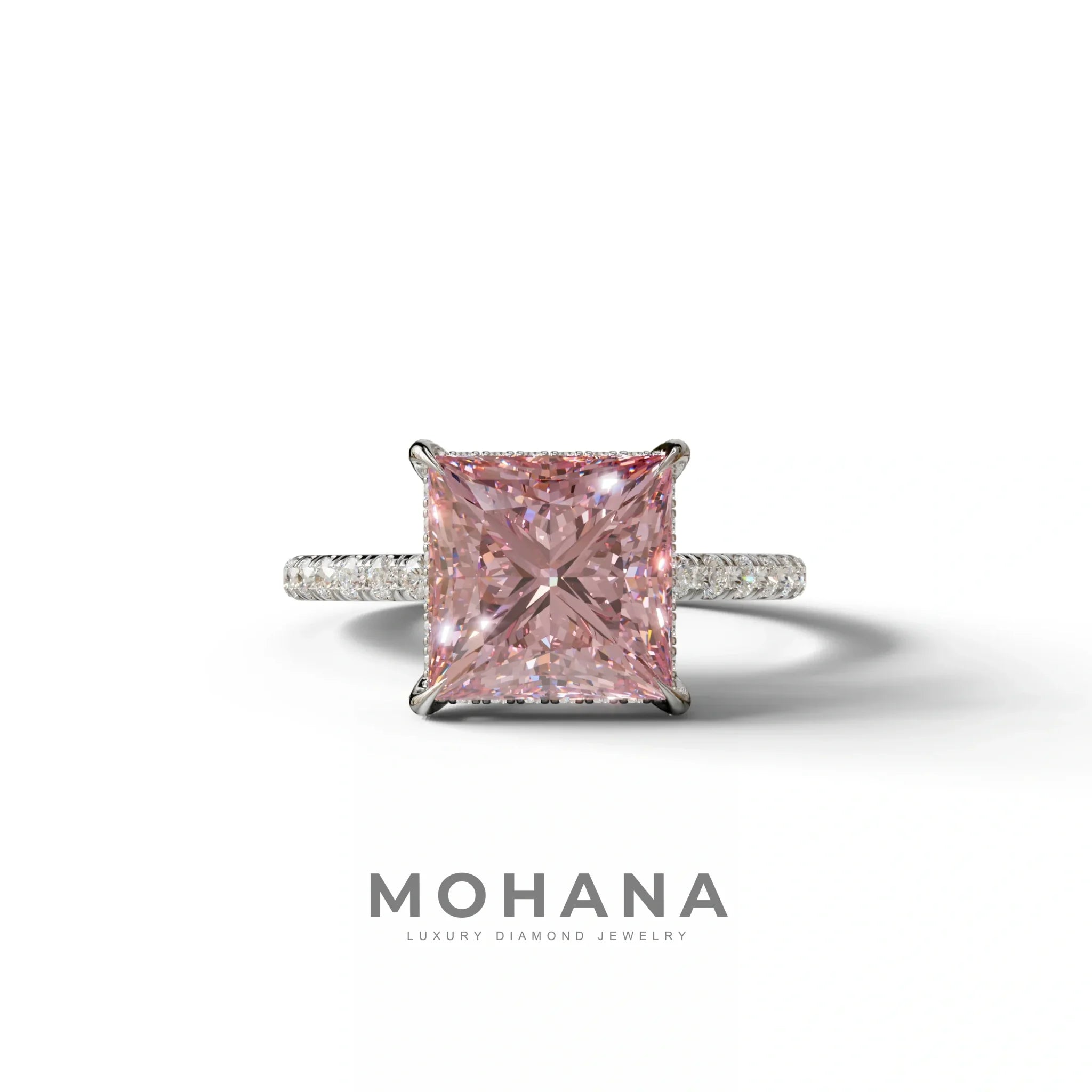 3 Carat Pink Princess Cut Hidden Halo & Pave Lab Diamond Ring - 10K Solid Gold / White Gold