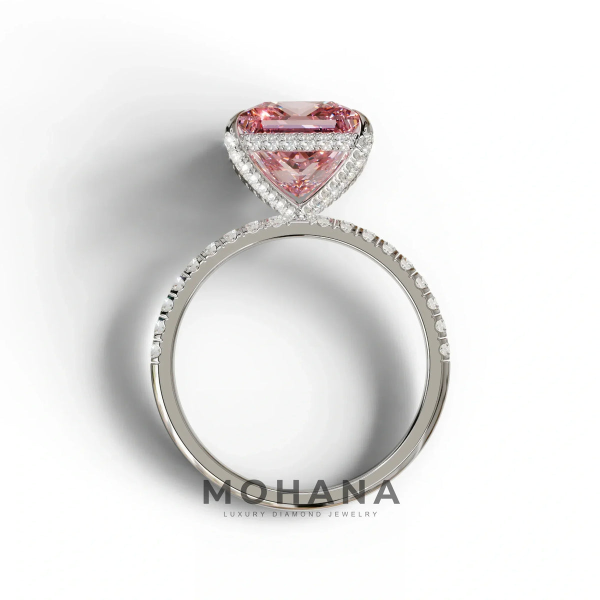 3 Carat Pink Princess Cut Hidden Halo & Pave Lab Diamond Ring