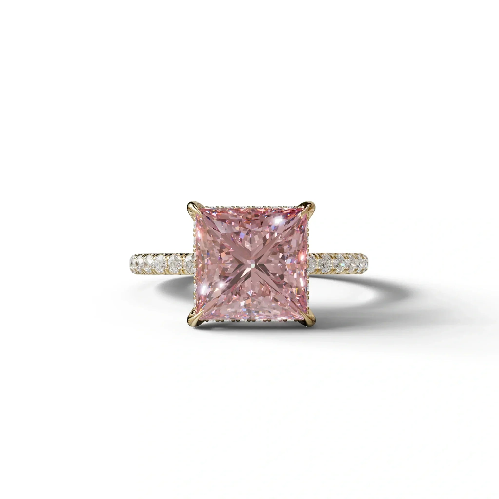3 Carat Pink Princess Cut Hidden Halo & Pave Lab Diamond Ring - 10K Solid Gold / Yellow Gold