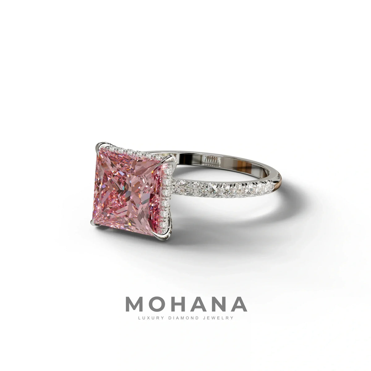 3 Carat Pink Princess Cut Hidden Halo & Pave Lab Diamond Ring