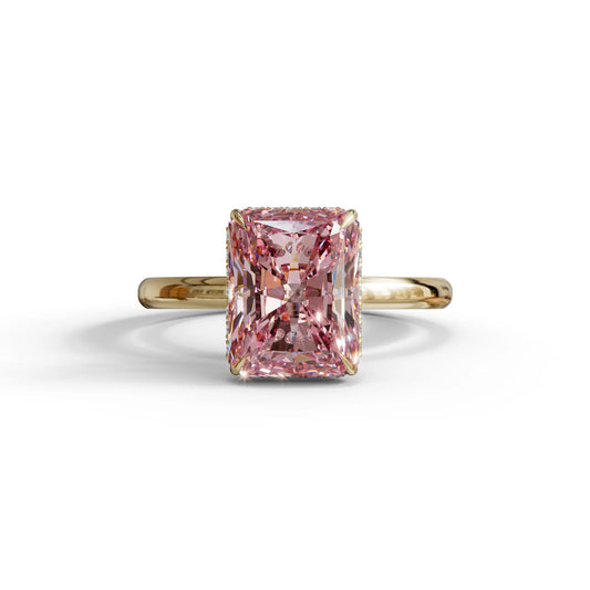 3 Carat Pink Radiant Cut Hidden Halo Lab Diamond Ring - 10K Solid Gold / Yellow Gold