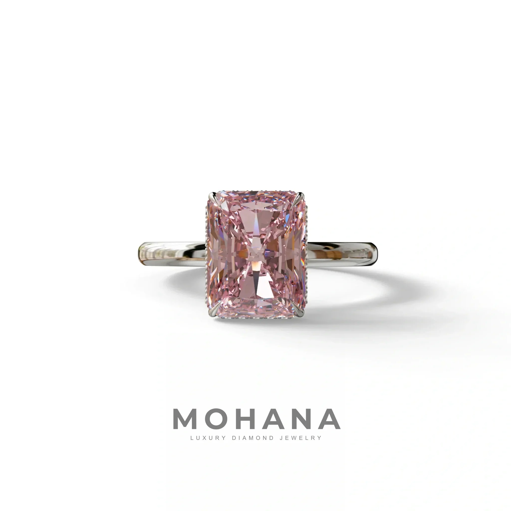 3 Carat Fancy Pink Radiant Cut Hidden Halo Lab Grown Diamond Engagement Ring - 10K Solid Gold / White Gold