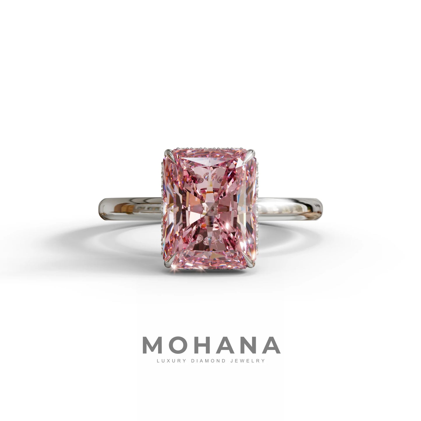 3 Carat Pink Radiant Cut Hidden Halo Lab Diamond Ring - 10K Solid Gold / White Gold