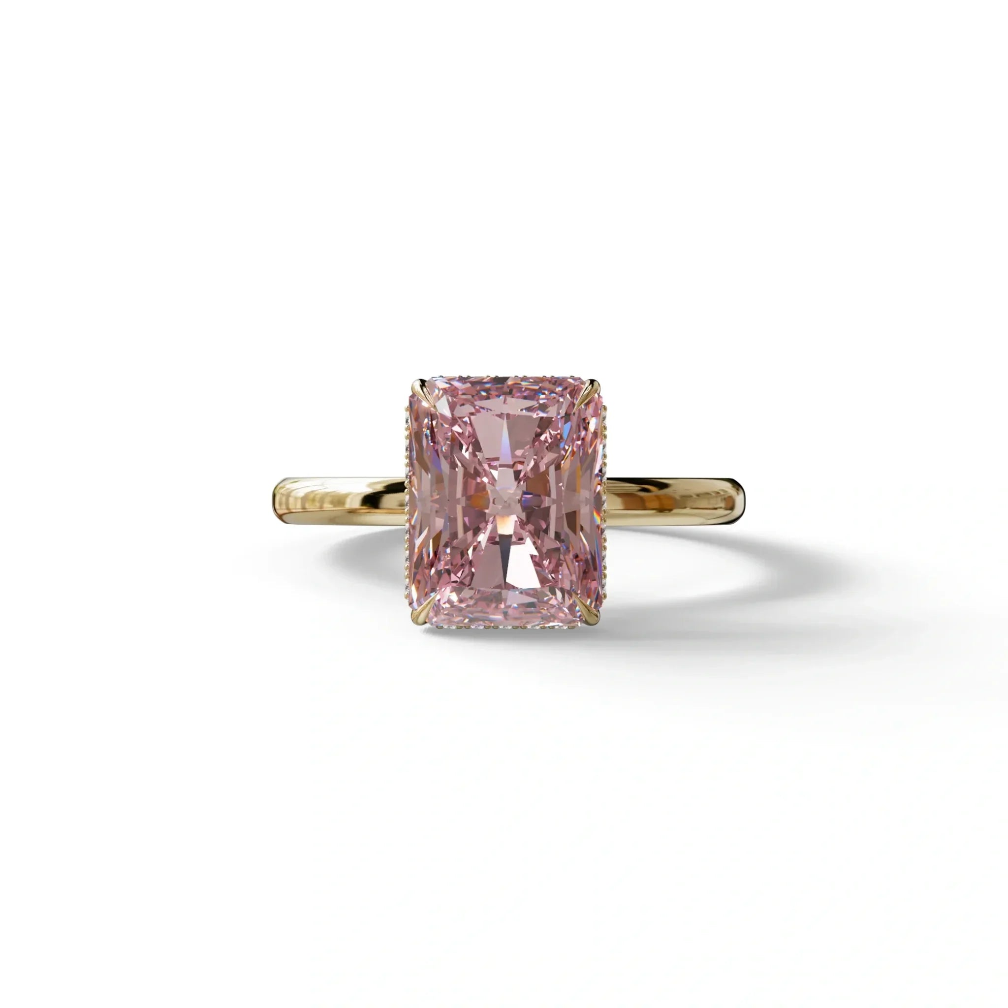 3 Carat Fancy Pink Radiant Cut Hidden Halo Lab Grown Diamond Engagement Ring - 10K Solid Gold / Yellow Gold