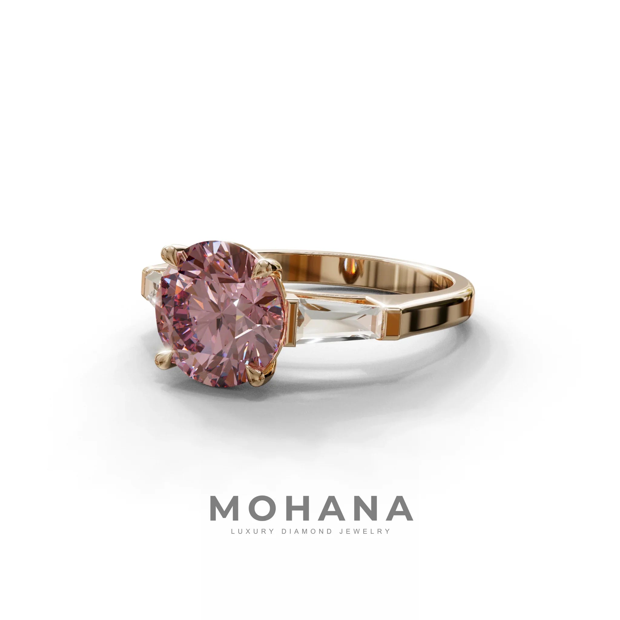 3 Carat Pink Round & Tapered Cut Multi Stone Lab Diamond Ring - Reflection