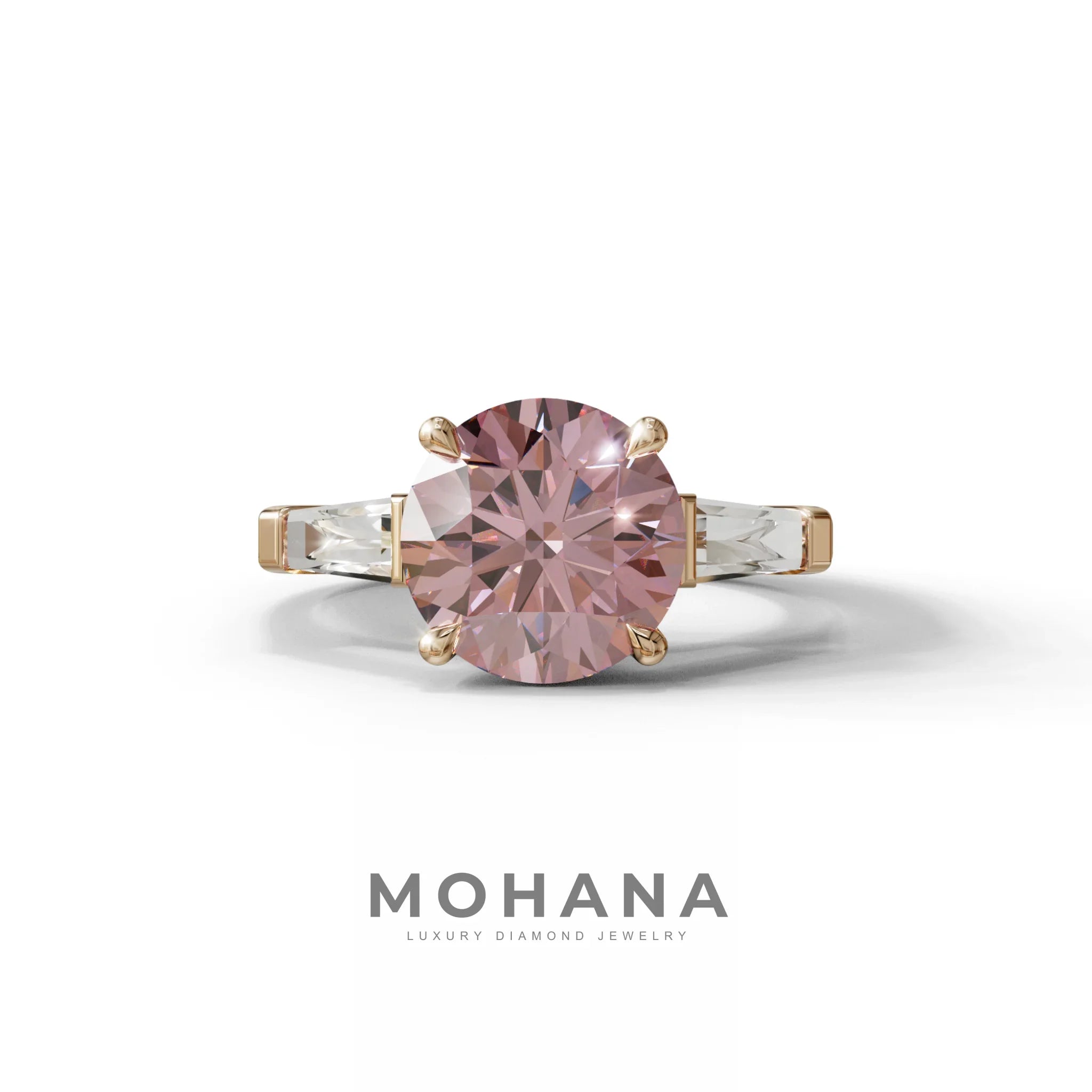 3 Carat Pink Round & Tapered Cut Multi Stone Lab Diamond Ring - Reflection - 10K Solid Gold / Rose Gold