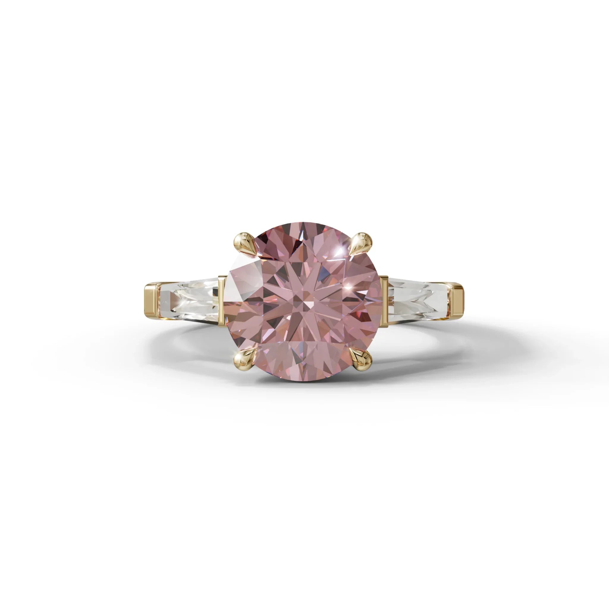 3 Carat Pink Round & Tapered Cut Multi Stone Lab Diamond Ring - Reflection - 10K Solid Gold / Yellow Gold