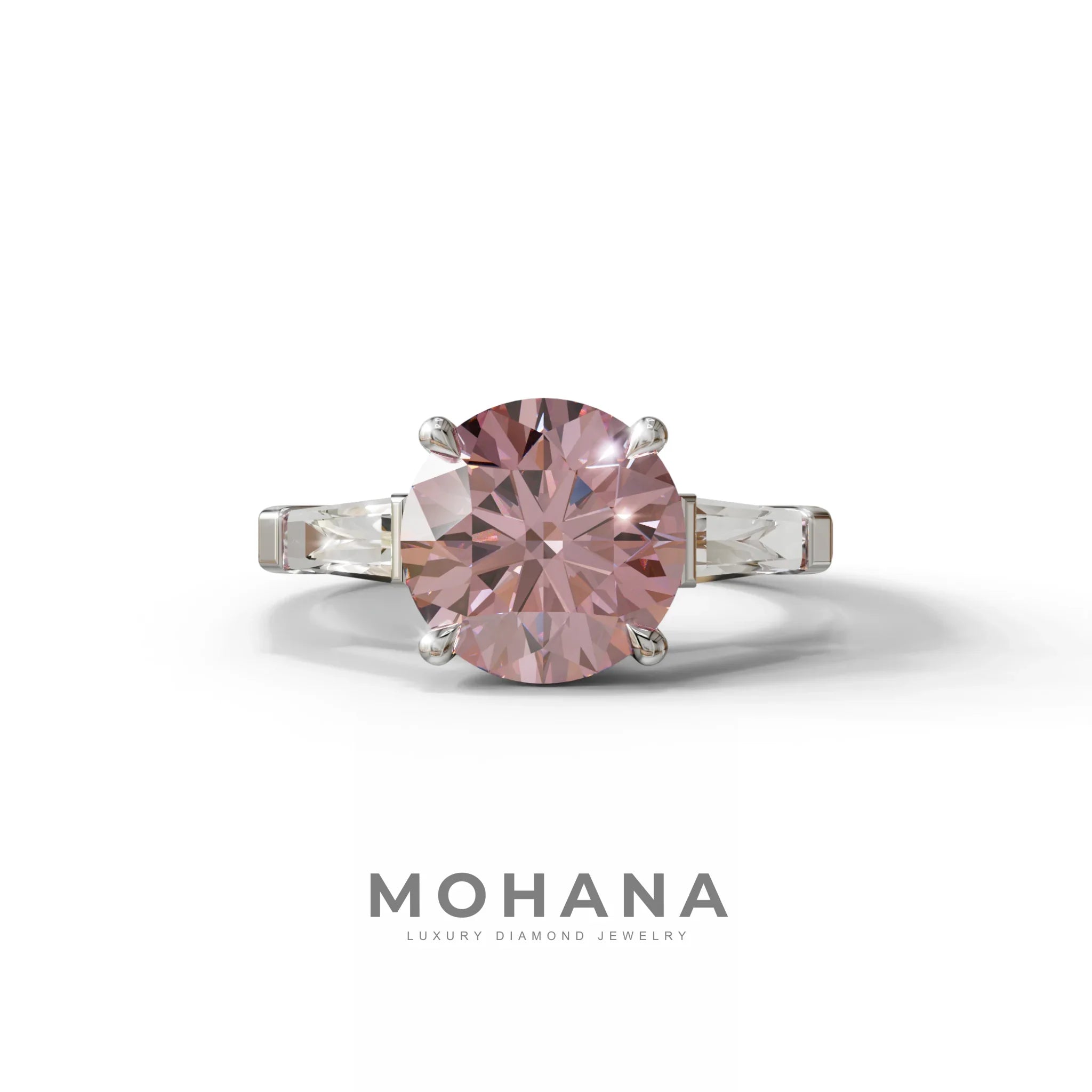 3 Carat Pink Round & Tapered Cut Multi Stone Lab Diamond Ring - Reflection - 10K Solid Gold / White Gold