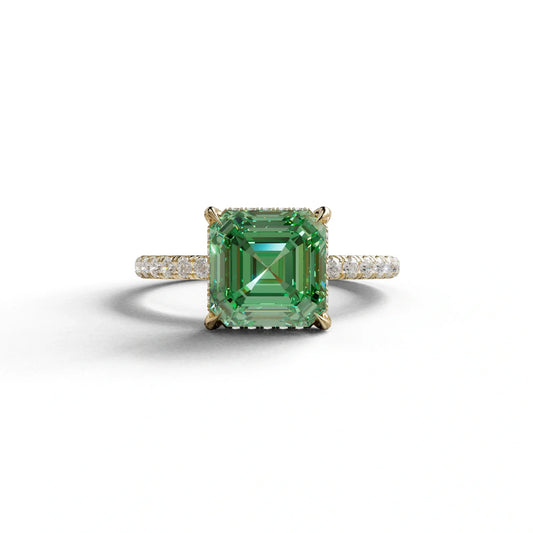 3 Carat Green Asscher Cut Hidden Halo & Pave Lab Grown Diamond Ring - 10K Solid Gold / Yellow Gold
