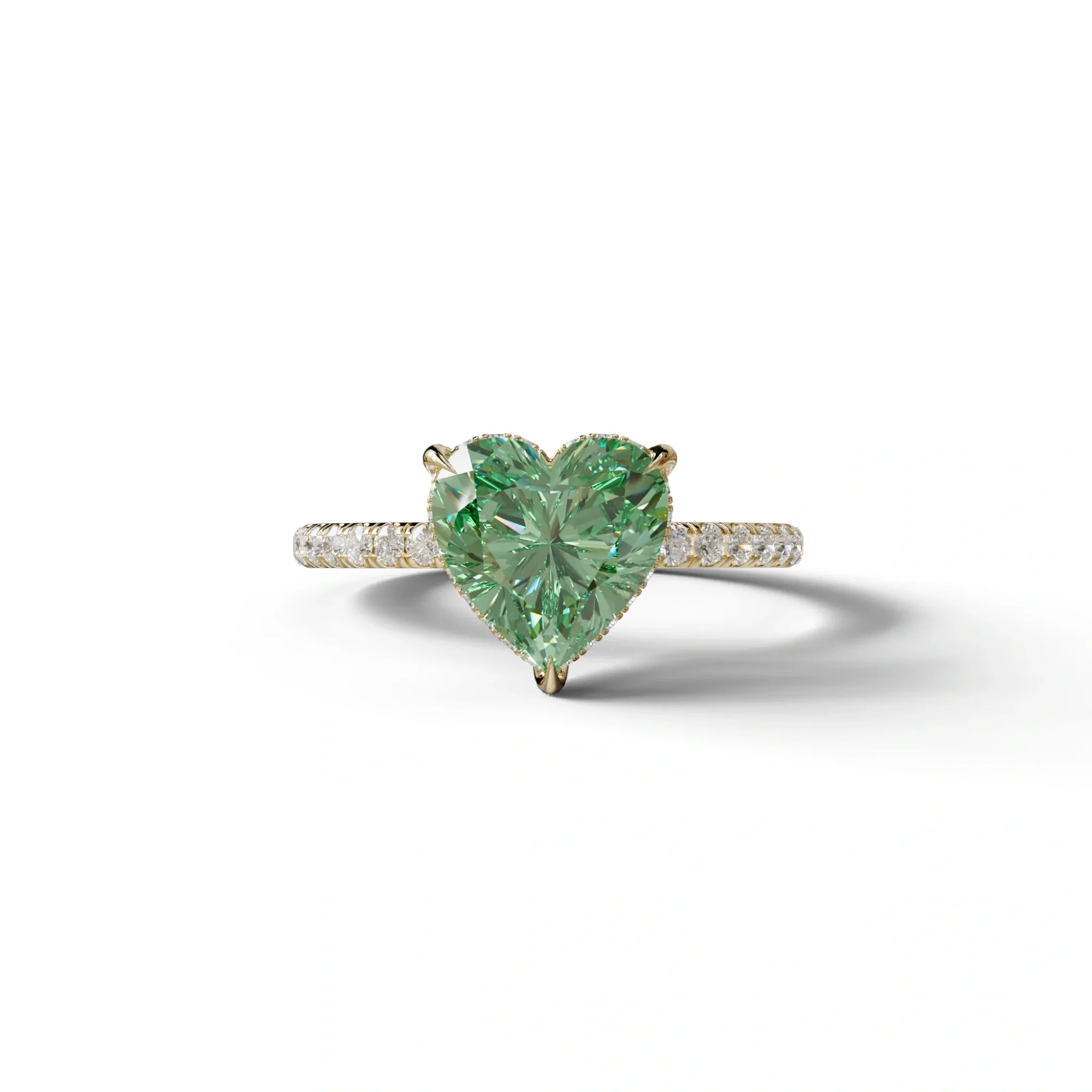 Green 3 Carat Heart Cut Hidden Halo & Pavé Setting Engagement Ring - 10K Solid Gold / Yellow Gold