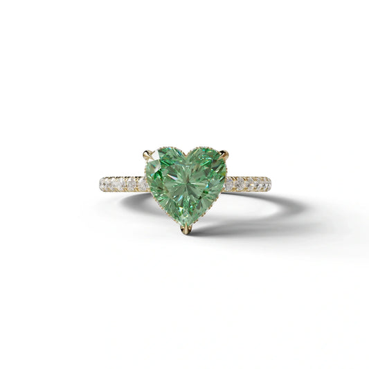 Green 3 Carat Heart Cut Hidden Halo & Pavé Setting Engagement Ring - 10K Solid Gold / Yellow Gold