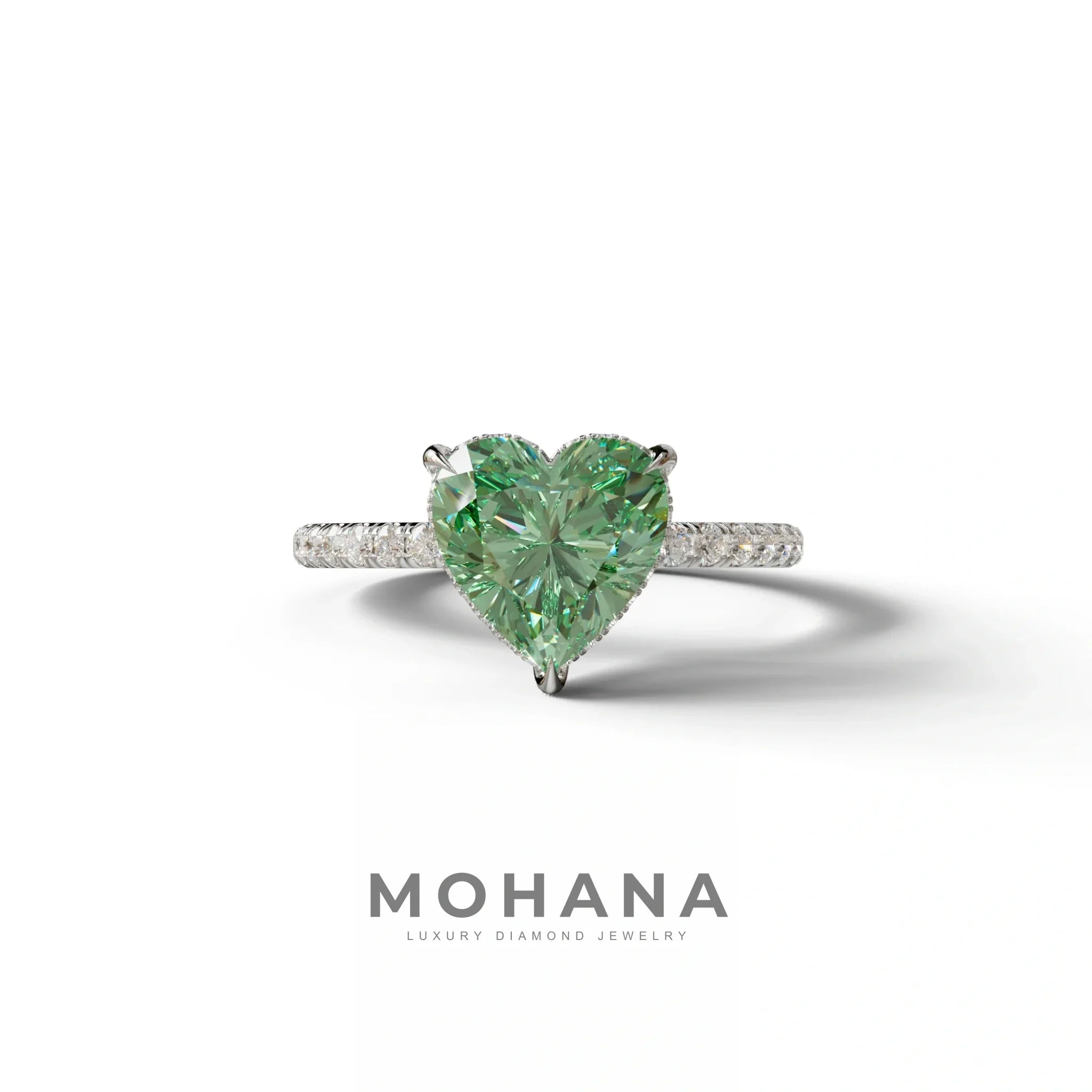 Green 3 Carat Heart Cut Hidden Halo & Pavé Setting Engagement Ring - 10K Solid Gold / White Gold