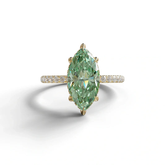 3 Carat Green Marquise Cut Lab Diamond In Hidden Halo & Pave Setting Ring - 10K Solid Gold / Yellow Gold