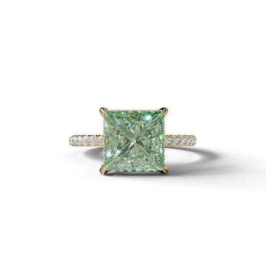 3 Carat Green Princess Cut Hidden Halo & Pave Lab Diamond Ring - 10K Solid Gold / Yellow Gold