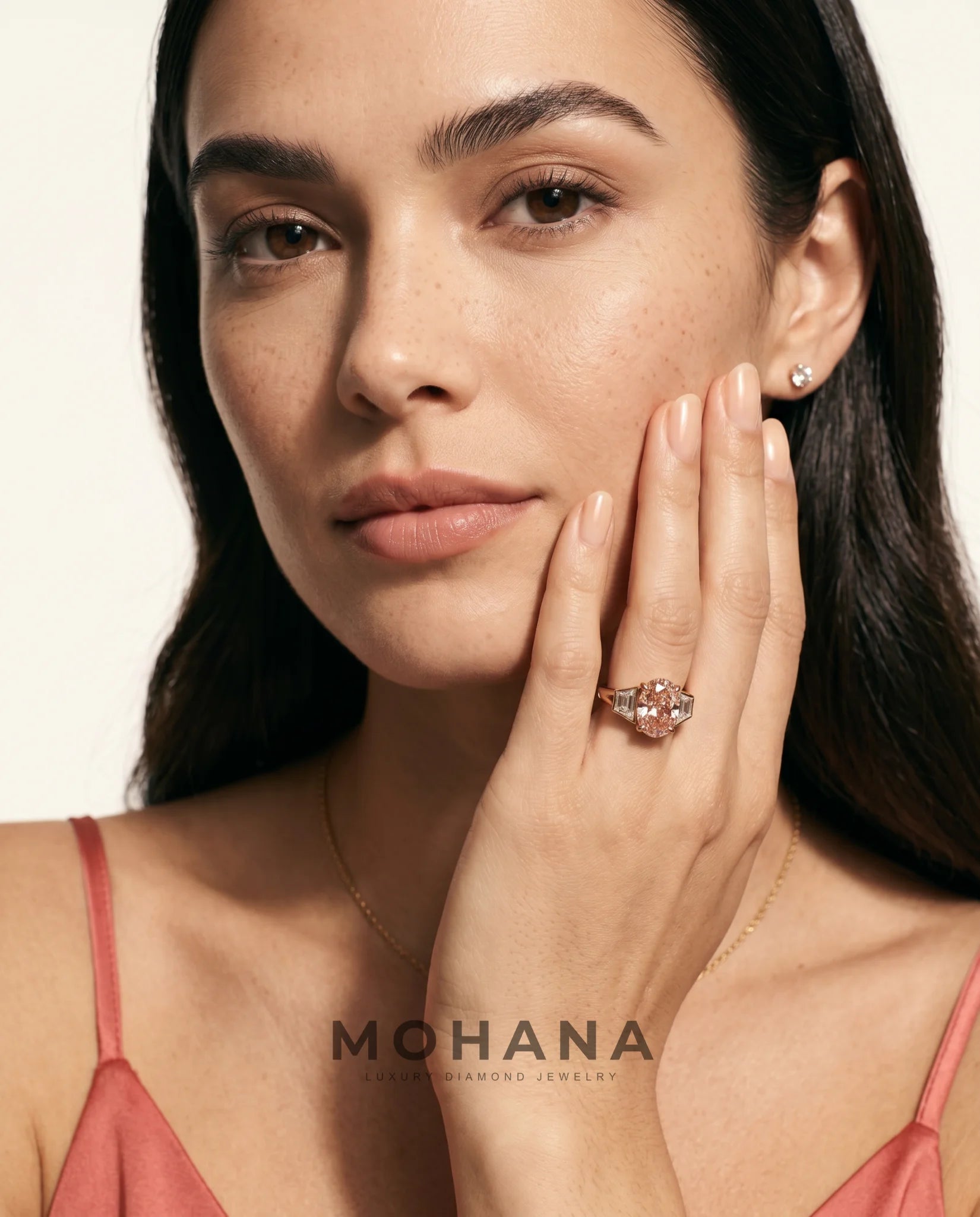 Ready to Ship 3 Carat Fancy Vivid Pink Oval Three-Stone Rose Gold Diamond Ring — view 8