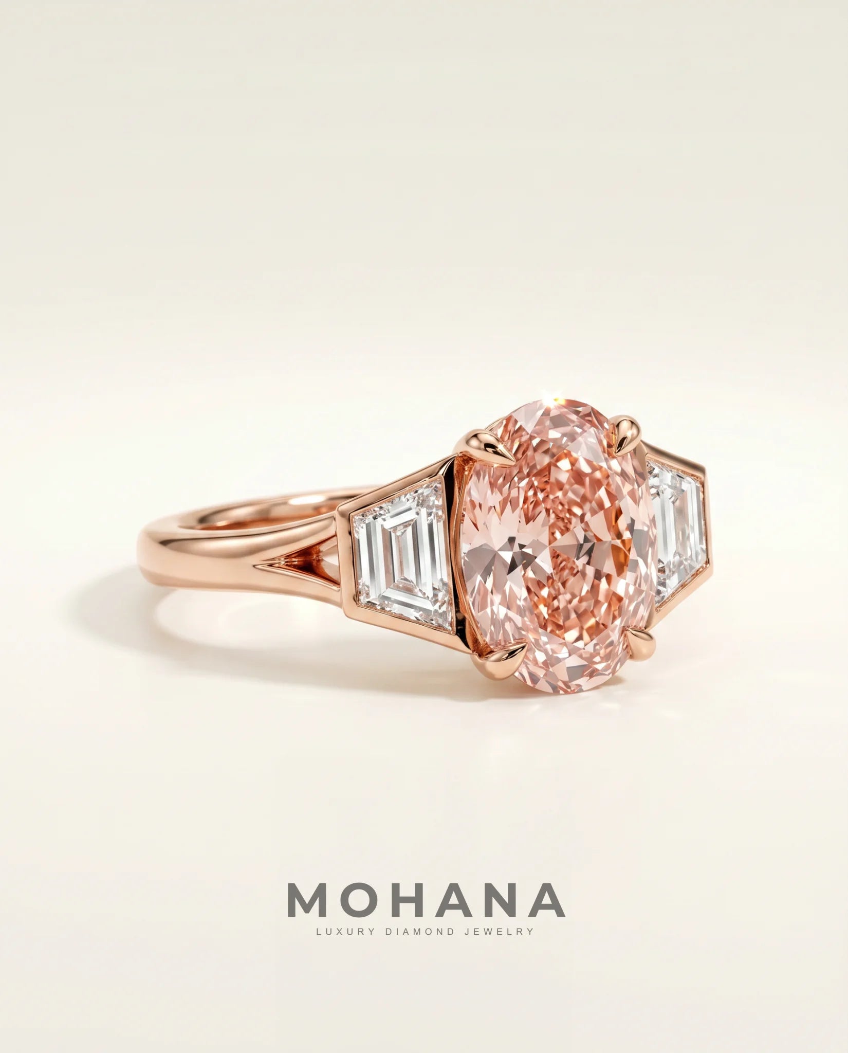 Ready to Ship 3 Carat Fancy Vivid Pink Oval Three-Stone Rose Gold Diamond Ring — view 2