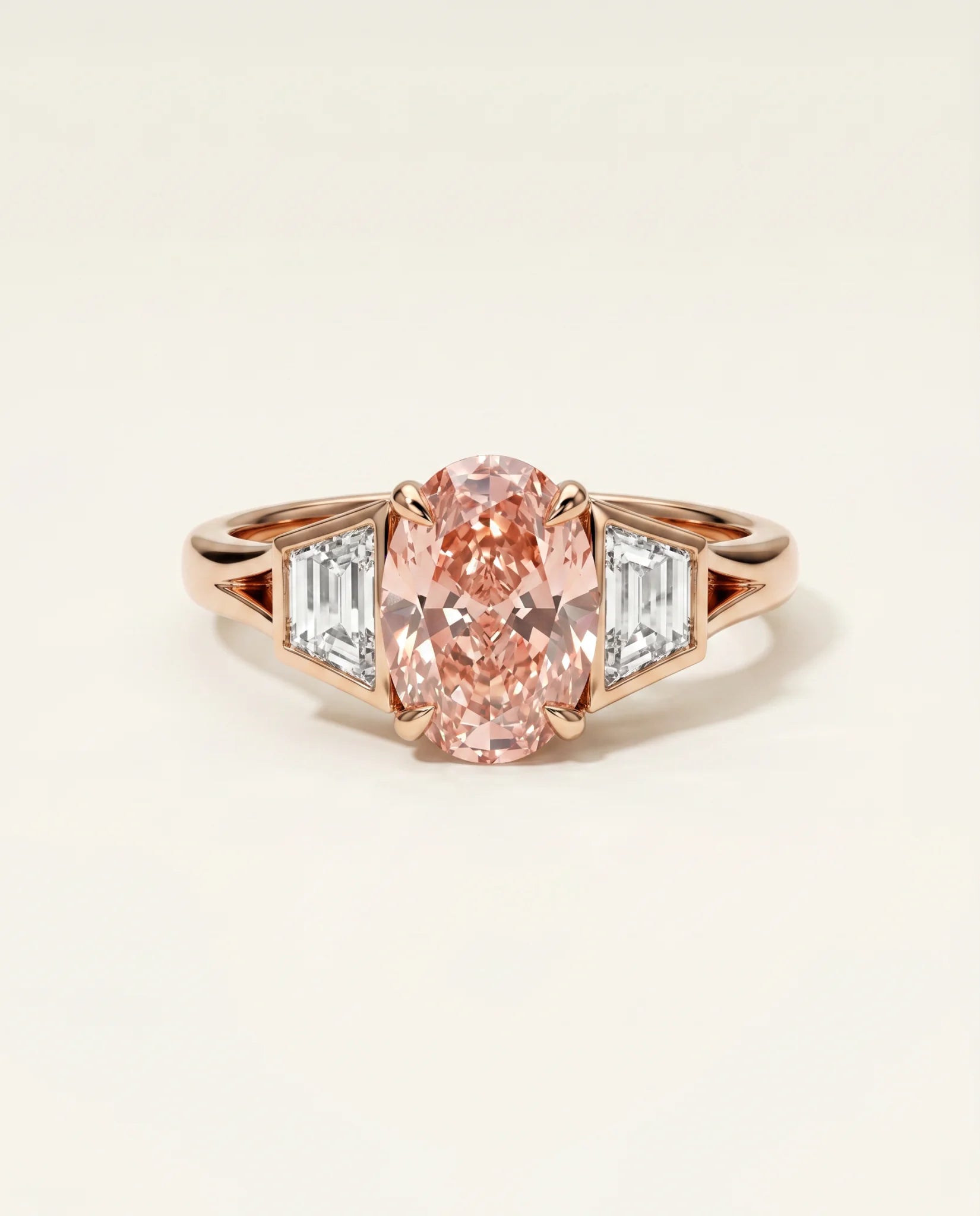 Ready to Ship 3 Carat Fancy Vivid Pink Oval Three-Stone Rose Gold Diamond Ring — view 1